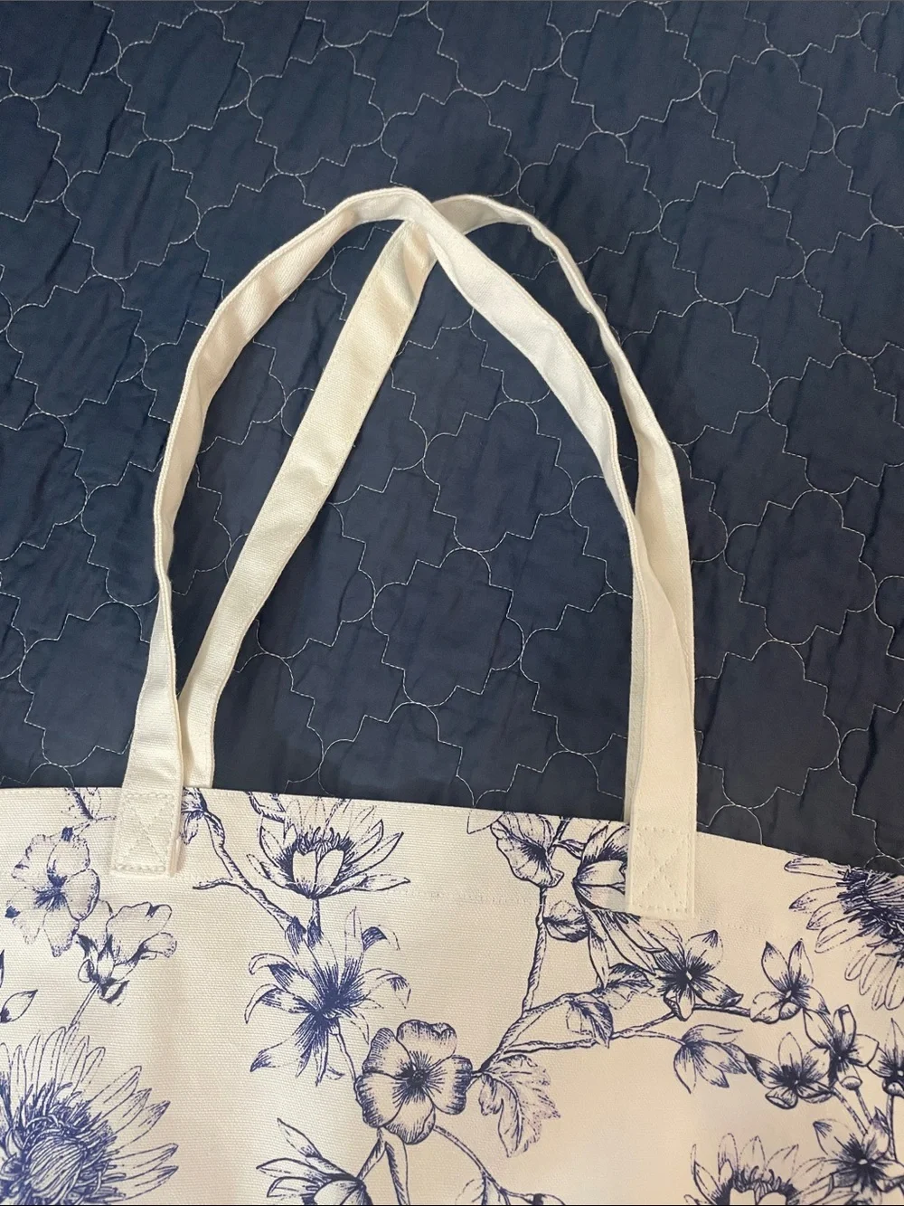Chico's White Canvas Tote with Blue Floral Sketch Print